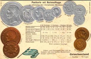 Griechenland. Postkarte mit Nationalflagge / Greek set of coins, currency exchange chart and flag. H.S.M. Emb. litho (lyuk / pinhole)