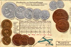 Russland. Postkarte mit Nationalflagge / Russian set of coins, currency exchange chart and flag. H.S.M. Emb. litho (lyuk / pinhole)