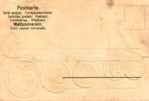 Ungarn. Postkarte mit Nationalflagge / Hungarian set of coins, currency exchange chart and flag. H.S...