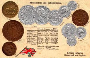 Britisch indisches Kaiserreich und Ceylon. Münzenkarte und Nationalflagge / British India and Ceylon (Sri Lanka) - set of coins, currency exchange chart and flag. Emb. litho (lyuk / pinhole)