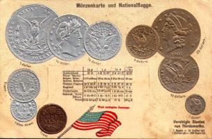 Vereinigte Staaten von Nordamerika. Münzenkarte und Nationalflagge / United States of America (USA) - set of coins, currency exchange chart and flag. Emb. litho (lyuk / pinhole)