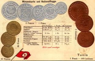 Tunis. Münzenkarte und Nationalflagge / Tunisian set of coins, currency exchange chart and flag. Emb. litho (lyuk / pinhole)