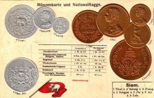 Siam. Münzenkarte und Nationalflagge / Siamese set of coins, currency exchange chart and flag. Emb. litho (lyuk / pinhole)