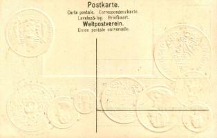 Siam. Münzenkarte und Nationalflagge / Siamese set of coins, currency exchange chart and flag. Emb. ...