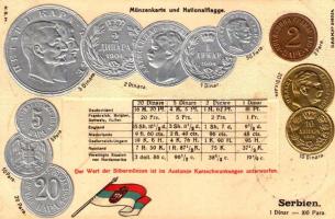 Serbien. Münzenkarte und Nationalflagge / Serbian set of coins, currency exchange chart and flag. H.S.M. Emb. litho (lyuk / pinhole)