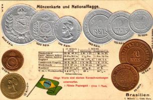 Brasilien. Münzenkarte und Nationalflagge / Brazilian set of coins, currency exchange chart and flag. H.S.M. Emb. litho (lyuk / pinhole)