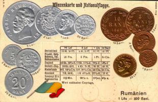 Rumänien. Münzenkarte und Nationalflagge / Romanian set of coins, currency exchange chart and flag. H.S.M. Emb. litho (lyukak / pinholes)