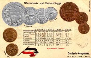 Deutsch-Neuguinea. Münzenkarte und Nationalflagge / German New Guinea - set of coins, currency exchange chart and flag. Emb. litho (lyuk / pinhole)