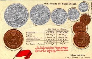 Marokko. Münzenkarte und Nationalflagge / Morocco - set of coins, currency exchange chart and flag. Emb. litho (lyuk / pinhole)