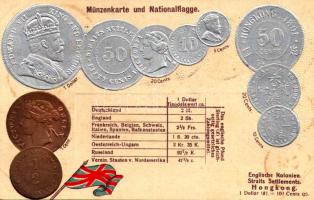 Englische Kolonien, Straits Settlements, Hongkong. Münzenkarte und Nationalflagge / British Colonies - set of coins, currency exchange chart and flag. Emb. litho (lyuk / pinhole)