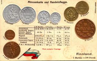 Finnland. Münzenkarte und Handelsflagge / Finland - set of coins, currency exchange chart and flag. H.S.M. Emb. litho (lyuk / pinhole)