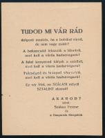 1944 ,,Tudod mi vár rád, dolgozó munkás, ha a bolsikat várod, de nem vagy zsidó? [...] Akarod? kérdi: Szálasi Ferenc és a Hungarista Mozgalom", II. világháborús nyilas röplap, 17x12,5 cm