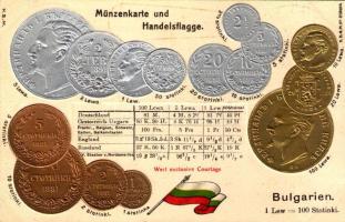 Bulgarien. Münzenkarte und Handelsflagge / Bulgaria - set of coins, currency exchange chart and flag. H.S.M. Emb. litho (lyuk / pinhole)