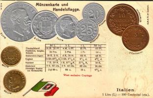 Italien. Münzenkarte und Handelsflagge / Italy - set of coins, currency exchange chart and flag. H.S.M. Emb. litho (lyuk / pinhole)