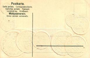 Türkei / Turkish set of coins, currency exchange chart and flag. H.S.M. Emb. litho (lyuk / pinhole)
