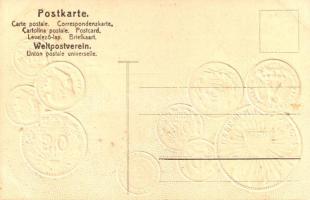 Mexiko / Mexico - set of coins, currency exchange chart and flag. Emb. litho (lyuk / pinhole)