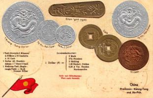 China. Provinzen Kwang-Tung und Hu-Peh / China - set of coins, currency exchange chart and flag. Emb. litho (lyuk / pinhole)