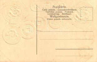 China. Provinzen Kwang-Tung und Hu-Peh / China - set of coins, currency exchange chart and flag. Emb...