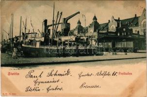 1900 Szczecin, Stettin; Freihafen / port, ship, industrial railway, train (EK)