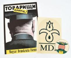 1990, MDF 3 darab rendszerváltó relikvia: választási plakát és öntapadó címke, közte Orosz István (1951-): Tovariscsi konyec! kisméretű plakát 26x18 cm