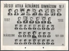 1966 József Attila Általános Gimnázium IV.F osztályának tablófotója, lyukasztással, 22,5x30,5 cm