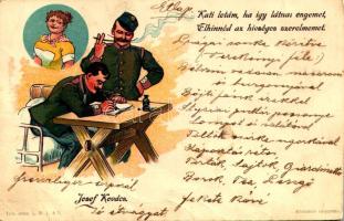 Josef Kovács &quot;Kati lotám, ha így látnál engemet, elhinnéd az hívséges szerelmemet&quot; Athenaeum kőnyomása / Austro-Hungarian K.u.K. military art postcard, humour. litho (fa)