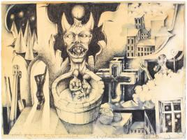 Olvashatatlan jelzéssel, magyar művész: Szürrealista kép, 1976. Tus, toll, papír, kissé foltos és hullámos, 30×40,5 cm