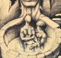 Olvashatatlan jelzéssel, magyar művész: Szürrealista kép, 1976. Tus, toll, papír, kissé foltos és hu...