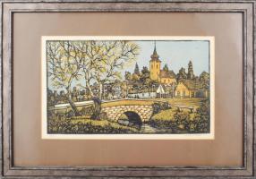 Réti Mátyás (1922-2002): Híd. Színes linómetszet, papír, jelzett, üvegezett fakertben, 24×42 cm