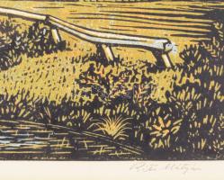 Réti Mátyás (1922-2002): Híd. Színes linómetszet, papír, jelzett, üvegezett fakertben, 24×42 cm