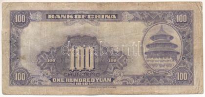 Kína 1940. 100Y "Chungking" felülbélyegzéssel T:VG 
China 1940. 100 Yuan with "Chung...