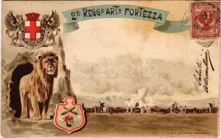 2. Reggimento Artiglieria da Fortezza. Deprimit Elatos Levat Alexandria Startos / 2nd Fortress Artillery Regiment. Italian military art postcard with coat of arms. Lit. Ditta Cav. Lanzani Alessandria, Art Nouveau litho, TCV (fl)