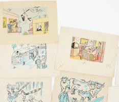 Szegő Gizi (1902-1985): Karikatúrák vázlatai, 10 db. Vegyes technika, papír, mind jelzett. Mindegyik...