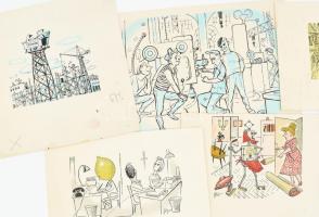 Szegő Gizi (1902-1985): Karikatúrák vázlatai, 10 db. Vegyes technika, papír, mind jelzett. Mindegyik...