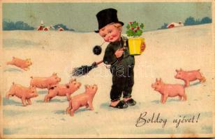 1947 Boldog Újévet / New Year greeting art postcard with chimney sweeper and pigs (fl)