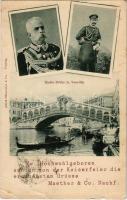 1898 (Vorläufer) Venezia, Venedig, Venice; Rialto Brücke. Ew. Hochwohlgeboren senden von der Kaiserfeier die ergebensten Grüsse, Maether & Co. Nachf. / Umberto I, Wilhelm II before Wilhelm II's voyage to the Levant in 1898 (EB)