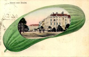1910 Znojmo, Znaim; street view. Art Nouveau montage with cucumber (fl)