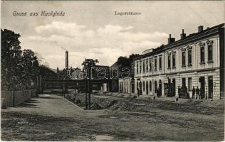 1908 Királyhida, Bruckújfalu Tábor, Brucker Lager, Bruckneudorf; új híd az osztrák-magyar határnál, J. Fischer, Bauer Károly és Strauss Ignác üzlete / street, bridge on the Austro-Hungarian border, shops / Lagerstrasse. Verlag H. Effenberger