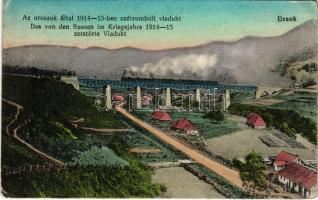 1915 Uzsok, Uzhok; Az oroszok által 1914-15-ben szétrombolt viadukt, vasúti híd, vonat, gőzmozdony / Das von den Russen im Kriegsjahre 1914-15 zerstörte Viadukt / railway viaduct, bridge, locomotive, train (EB)