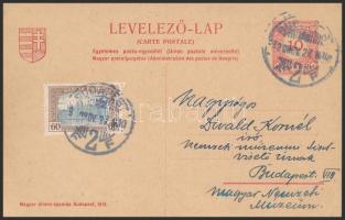 1920 Kossuth címeres díjjegyes levelezőlap Magyar Posta 60f díjkiegészítéssel (MBK 300 pont) ( Jakabb Oszkár küldi Divald Kornélnak)