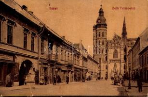 Kassa, Kosice; Deák Ferenc utca, Koch, Garai Ármin, Mayer J. üzlete, székesegyház / street view, shops, cathedral (fa)