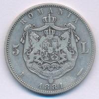 Románia 1881B 5L Ag "I. Károly" T:VF,F 
Romania 1881B 5 Lei Ag "Carol I" C:VF,F...
