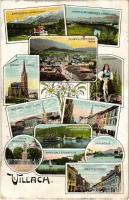 Villach, Warmbad m. d. Karawanken, Mittagskogel u. Türkenkopf, Stadtpfarrthurm, Evangel. Kirche, Gailthalerin, Cafe Drau v. Nikolaikirche, Hauptplatz, Hanns Gasserplatz, Draubrücke, Italienerstrasse, Ossiacher See, Dampfer Landskron. Bogensberger Art Nouveau floral (fl)