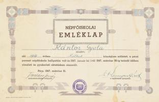 1947 Pécs, népfőiskolai emléklap, Kanyar József (1916-2005) igazgató, nemzetgyűlési képviselő, Nemzeti Parasztpárt dél-dunántúli kerületi titkára, a Pécsi Szabad Szó felelős szerkesztője autográf aláírásával és egy további aláírással, hátoldalán fogadalomtétel nyomtatott szövegével, kissé foltos, gyűrött, lapszéli szakadásokkal