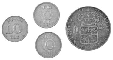 Svédország 1942-1957. 10ö Ag (3xklf) + 1967. 1K Ag "VI. Gusztáv Adolf" T:XF,VF Sweden 1942-1957. 10 Öre Ag (3xdiff) + 1967. 1 Krona Ag "Gustav Adolf VI" C:XF,VF