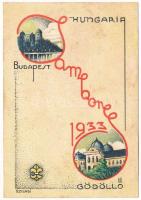 1933 Budapest-Gödöllő, Cserkész Jamboree. Kiadja a Magyar Cserkészszövetség. Klösz Gy. és Fia / Hungarian boy scout jamboree art postcard s: Szilasi (fl)