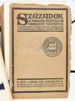 Századok. A Magyar Történelmi Társulat közlönye. Szerk.: Domanovszky Sándor. 1917. évi (LI.) évf. 1-10. sz. (Teljes évfolyam). Bp., 1916, Magyar Történelmi Társulat (Athenaeum-ny.) + 1918. évi (LII.) évf. 1-2. füzet. Kiadói papírkötés, változó, részben sérült, széteső állapotban.