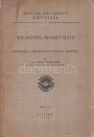 Czeke Marianne:  Wilsontól-Rooseveltig. Értekezés a történet és politika köréből. Budapest, 1939. (Szerző - Arany János Nyomda Rt.) [2] + VI + 74 + [2] p. Egyetlen kiadás. Czeke Marianne (1873-1942) irodalomtörténész, bibliográfus, az Egyetemi Könyvtár első női könyvtártisztje, a Magyar Nemeti Múzeum könyvtárigazgatója, műfordító angol és német nyelvből. A gazdasági térnyerést szolgáló amerikai geopolitikáról már 1918-ban közreadott egy rövidebb tanulmányt a Történelmi Szemle hasábjain. Húsz évvel későbbi geopolitikai tanulmányában párhuzamokat lát az 1917. évi és az 1939. évi amerikai külpolitikai viszonyrendszerben: az Egyesült Államok korábbi semleges viszonya ismételten angolbarát irányba fordul, ebben a fordulatban pedig jelentős szerepet visz az az egyetemi szinten már jól megalapozott amerikai történetírói hagyomány, amely kiemelt világtörténelmi küldetést tulajdonít az amerikai népnek. Ez a küldetéses önszemlélet szerinte az egykori amerikai elnök és véleményvezér: Woodrow Wilson történetírói munkásságában nyomon követhető, mely történeti hagyomány jól hangzó, emberbaráti eszmék jelszavaival kíséreli meg leplezni önnön gazdasági övezete radikális kiterjesztésének szándékát, melyet a legkevésbé sem marxista álláspontú szerző amerikai imperializmusnak nevez. A szerző kijelenti továbbá, hogy az ilyen értelemben vett amerikai imperializmus érveléstechnikája mit sem változott az elmúlt húsz évben, a központi hatalmak megbélyegzésére szolgáló egykori fogalomapparátus és érvkészlet megegyezik a tengelyhatalmak elítélésének retorikai fogalomkészletével, csupán a neveket kell kicserélni: a császár személyét a diktátorok személyére; ám a gazdasági és geopolitikai cél most is azonos. A címlapon régi tulajdonosi bejegyzés. (A Magyar Női Szemle könyvtára, 6. füzet.) Fűzve, feliratozott, enyhén sérült kiadói borítóban.