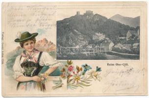 1903 Celje, Cilli; Ruine Ober-Cilli / castle ruins. Verlag Georg Adler Art Nouveau, Emb., Floral, litho (pinhole)