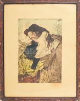 Jelzés nélkül, Hollósy Simon után: Tengerihántás. Színezett rézkarc, papír. Üvegezett, sérült fakere...